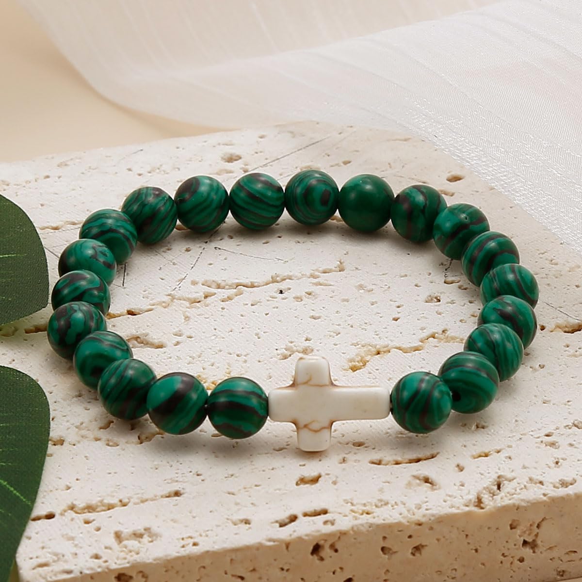 COLOYAN Christian Cross Beaded Bracelet Religious Cross Bracelet 8mm Natural Stone Healing Stretch Bracelets for Women Men - Image 6