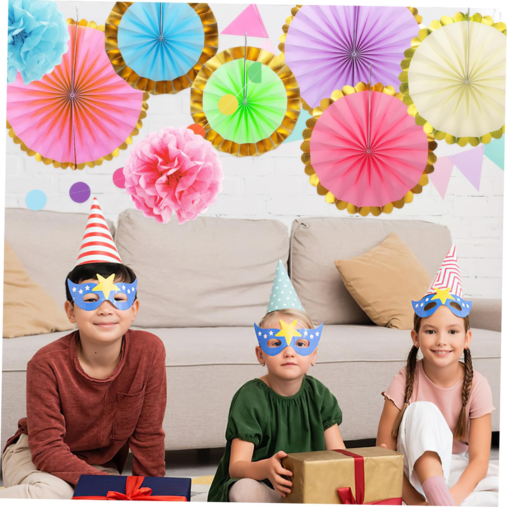 Pastellfarbene Partydekoration aus Papier Pompons Papierfächer und Banner Leicht Handlich für Feiern und Klassenzimmer