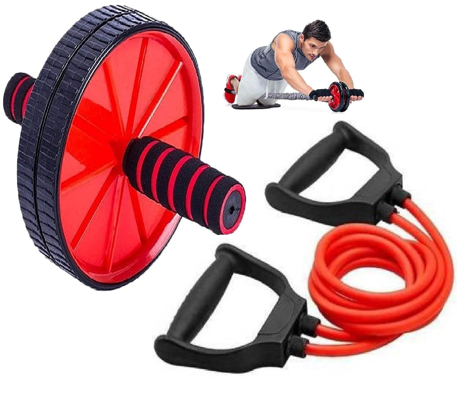 BANTKART Ab Wheel Roller With Knee Mat 2 IN 1 Combo | Double Resistance Band with D Handles | Toning Tube | Abs Exercise Workout for Home Gym Accessories For Men & Women (MULTICOLOUR)-image-32