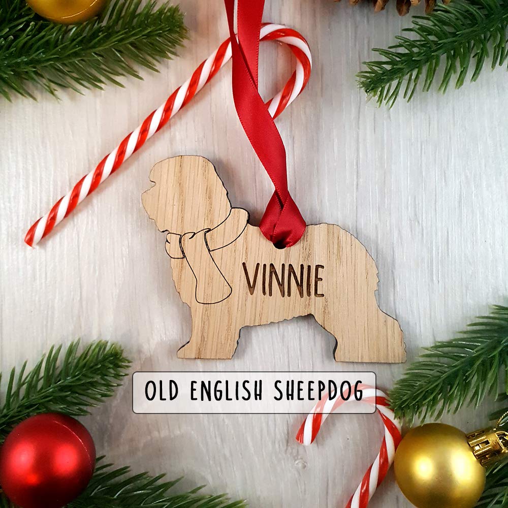 Personalised Old English Sheepdog Wooden Dog Decoration - Sustainable Oak Tree Bauble