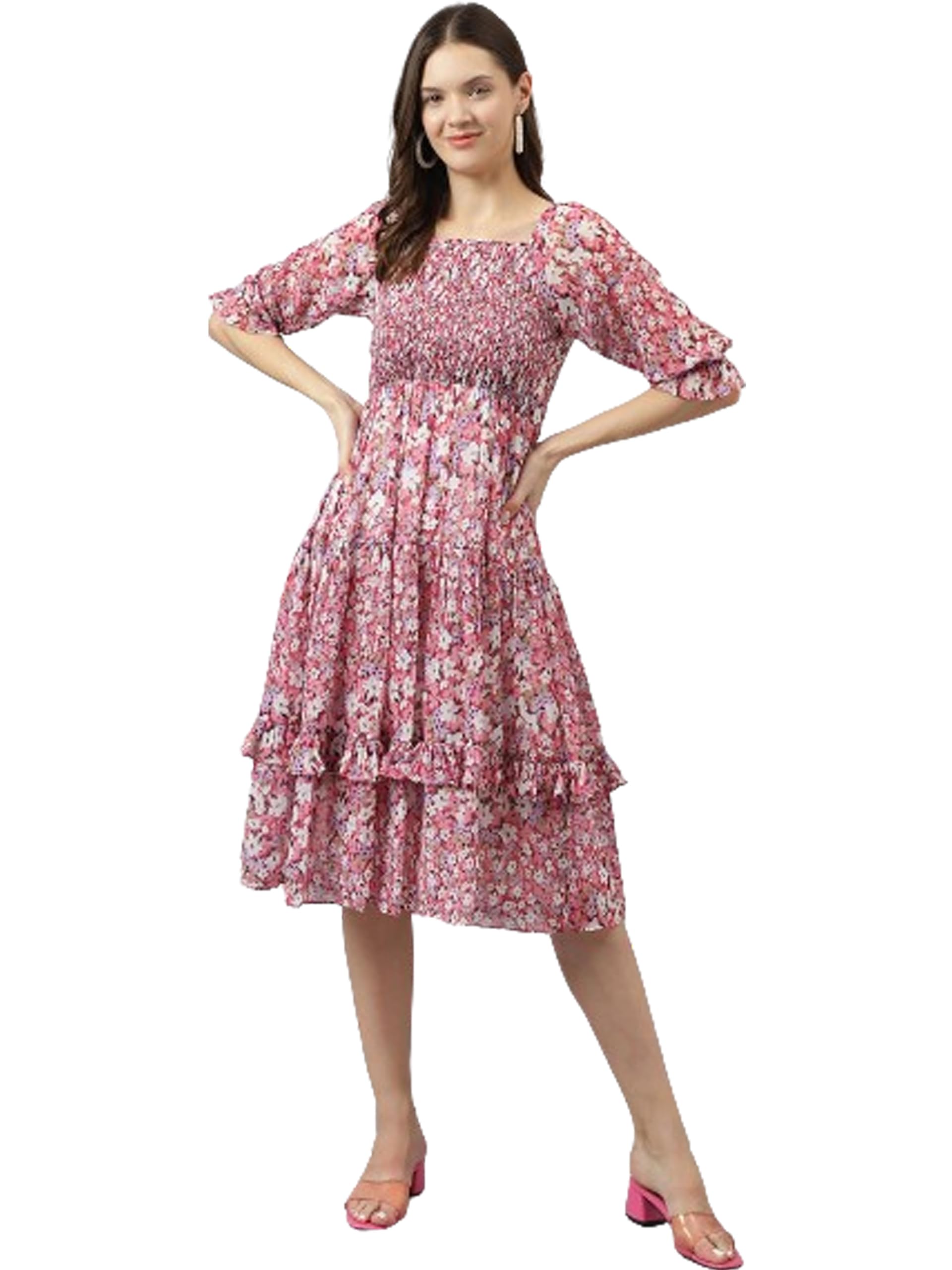 Toochki Women's Pink Georgette Floral Tiered Western Knee Length Dress A Line Suitable In Summer Wear Latest Trendy Midi Dress