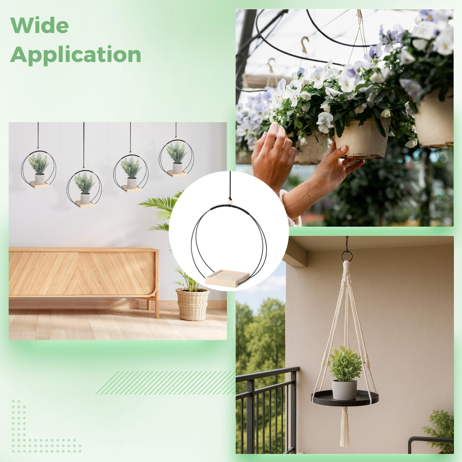 Lot de 4 suspensions en métal avec base en bois, support de plantes d'intérieur en macramé avec crochets pour chambre, balcon, jardin