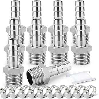 ERGAOBOY Pack of 10 304 Stainless Steel Hose Connectors 14mm Hose Barb to 1/2 BSP Male Thread Industrial Compression Fitting for Water Fuel Air and Hydraulic Systems