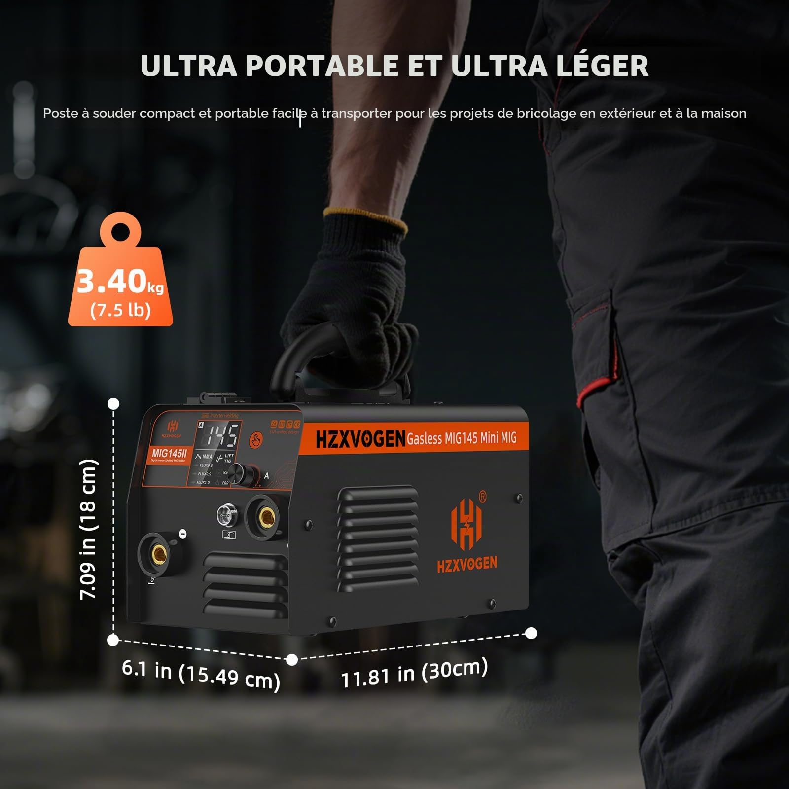 H HZXVOGEN MIG145II 145A Poste à Souder Fil Fourré Sans Gaz, 3 en 1 MIG/ARC/Lift TIG, Contrôle Synergique, IGBT Inverter, Écran LED, Compact pour Débutants & DIY Maison