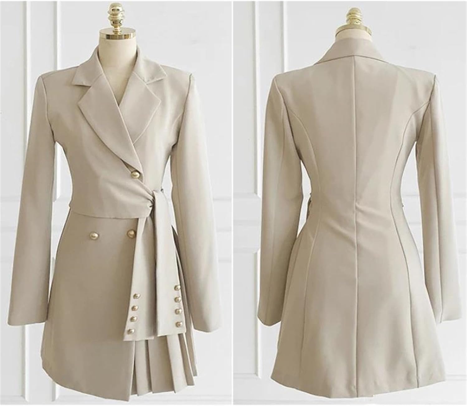 Women's Asymmetrical Double Breasted Pleated Blazer Dress with Belt Office Lady Slim Wrap Suit Jackets Casual Business