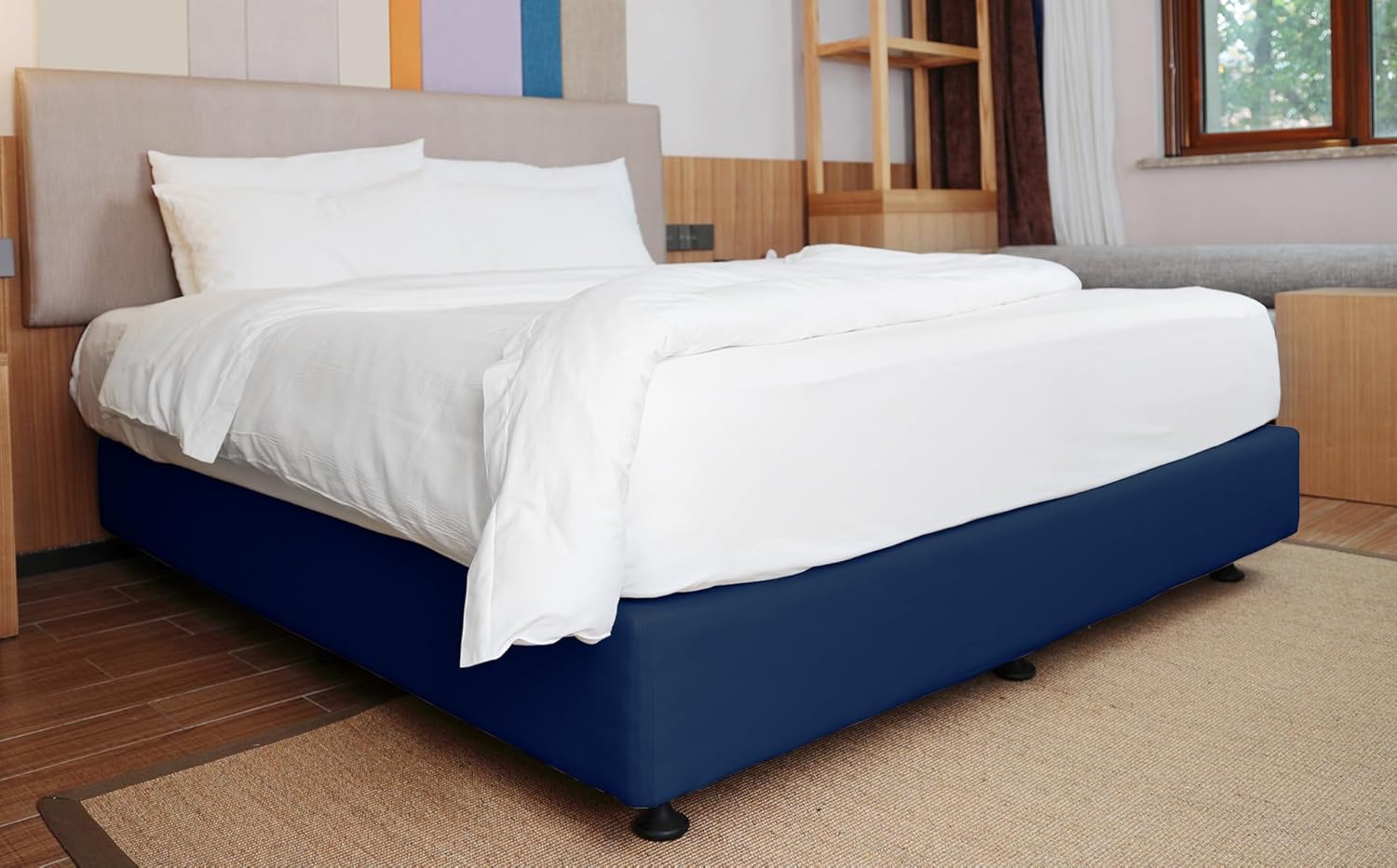Box Spring Cover King Size - Jersey Knit & Stretchy Wrap Around 4 Sides Bed Skirt for Hotel & Home - King/Cal King/Olympic Queen, Navy