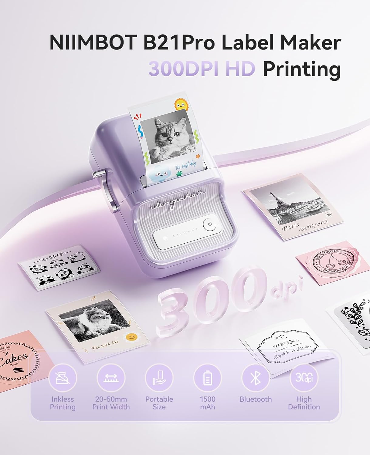 NIIMBOT B21 Pro Label Maker, 300DPI HD Label Printer, Ideal for Notes,Photos, Study Graphics, Memo Maker,50x30mm Label(Purple) - Image 2