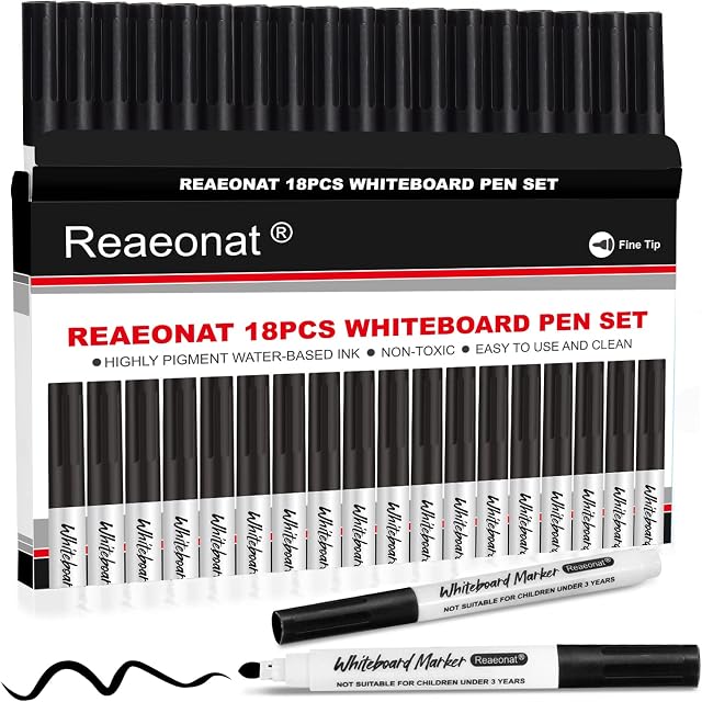Black Whiteboard Markers, 18 Pack Dry Erase Fine Tip White Board Pens Ink Marker for Home, School & Office Uses