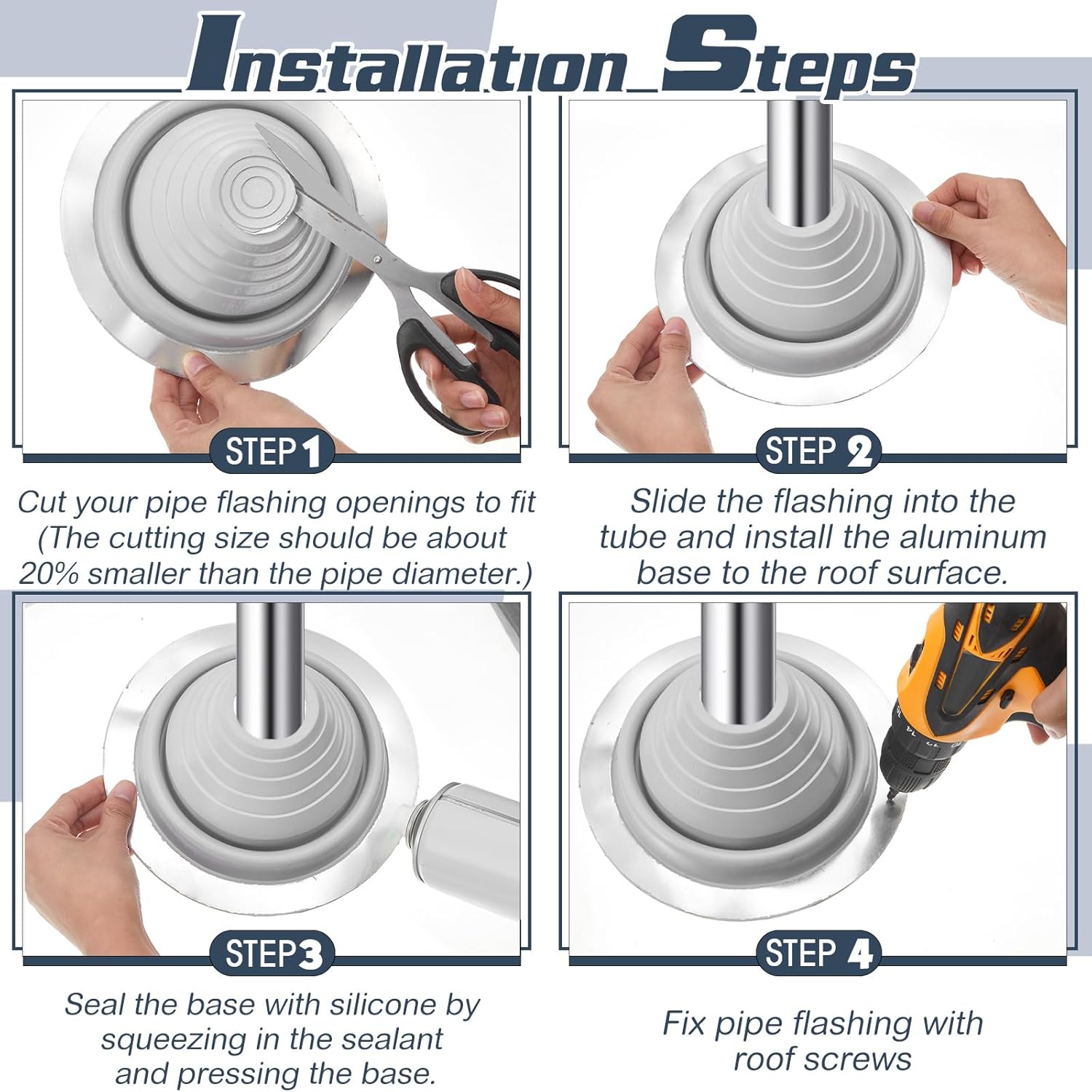 4 Pcs #3 Pipe Flashing Boot for Pipe Od 1/4 to 5 Epdm Flexible Roof Jack Metal Roofing Boots, 7-3/4 Inch Base Diameter (Grey)