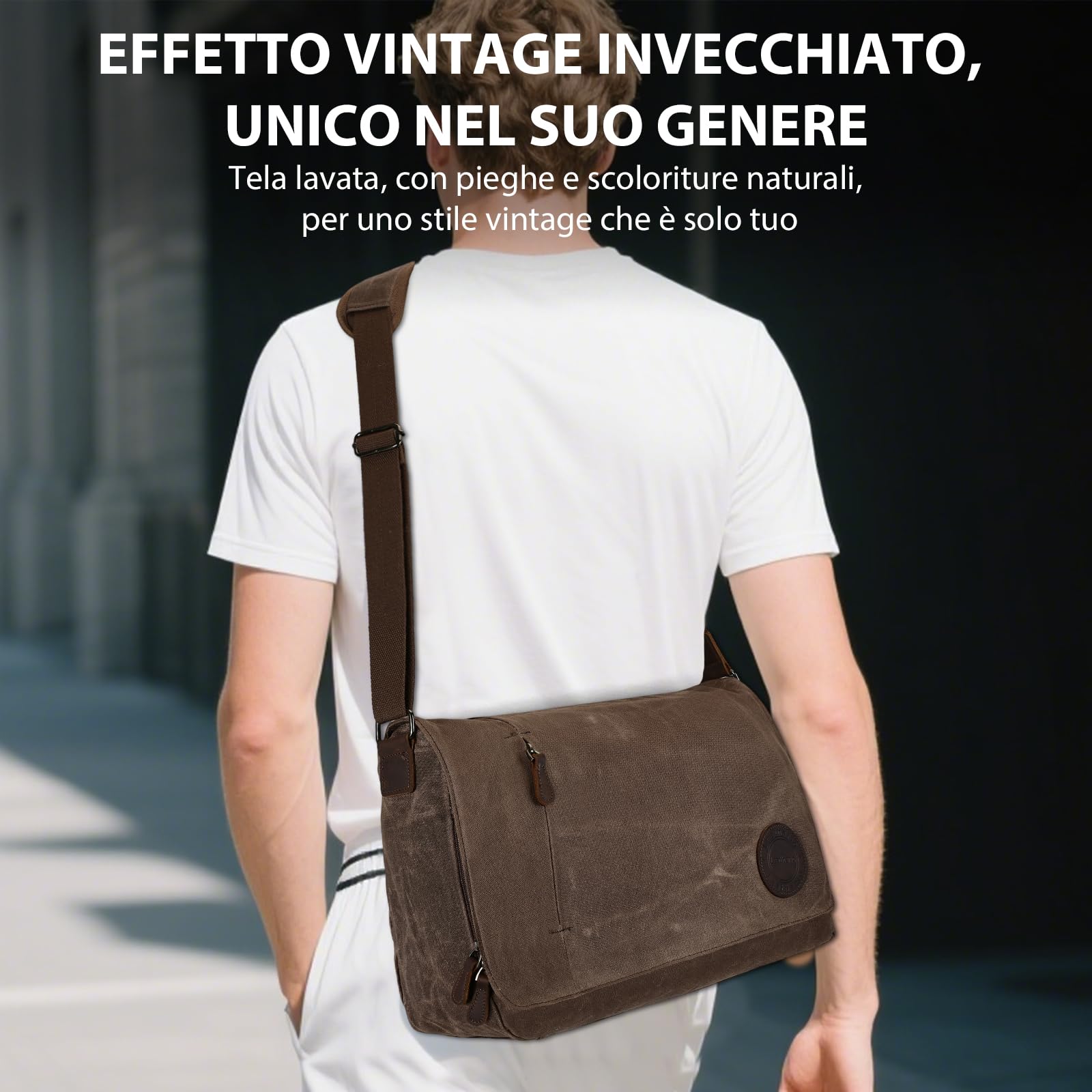 Leathario Borsa a Tracolla Uomo per Laptop 14 Pollici, Modello Messenger in Pelle Vera e Tela per Lavoro, Università e Scuola, Marrone