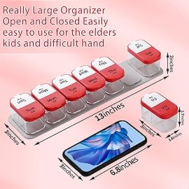 Daviky Extra Large Pill Organizer 2 Times a Day, Am Pm Pill Organizer 7 Day, Pill Box 7 Day to Hold Daily Medicine Vitamin and Supplements for Elders, Arthrtic Patients and Kids (Red)