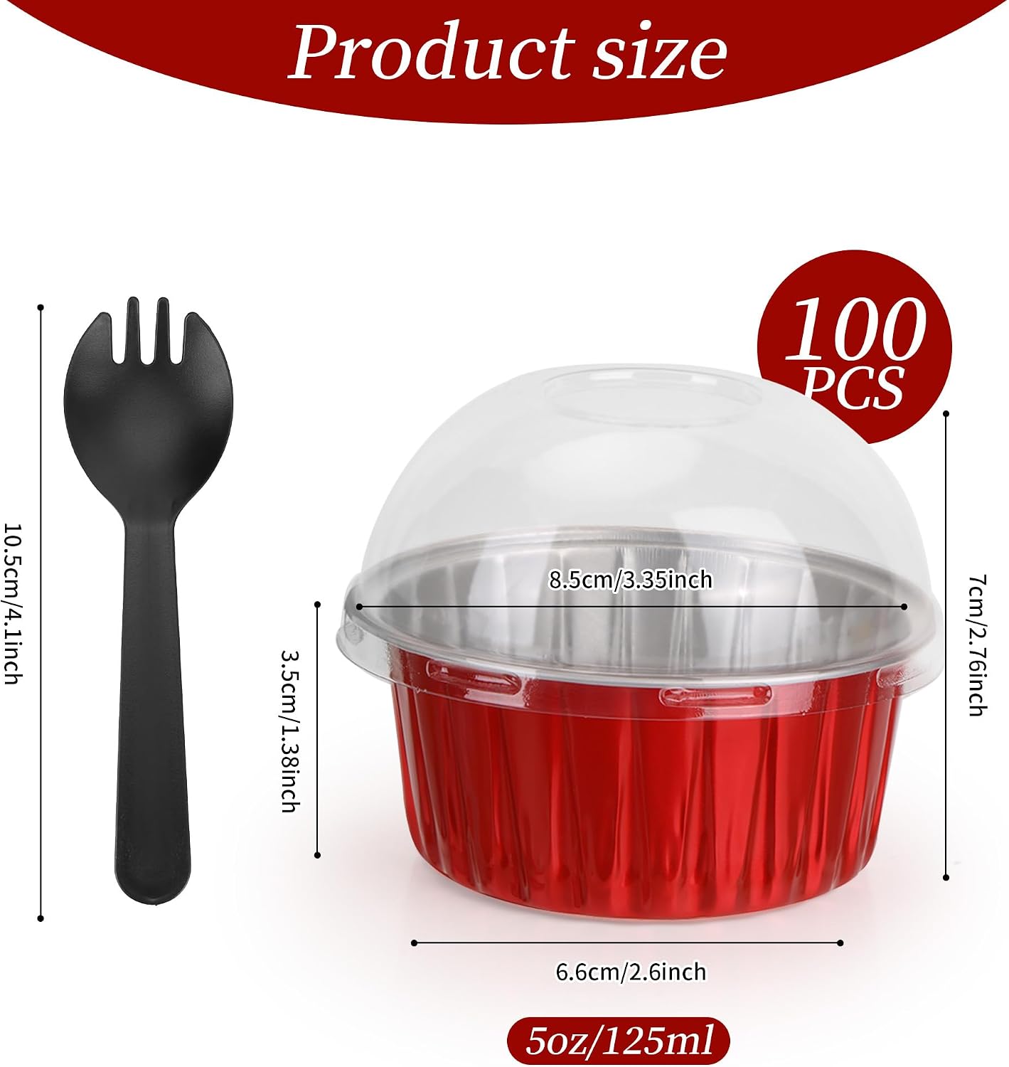 100-Pack 5 oz Red Mini Cake Pans with Lids, Disposable Aluminum Foil Baking Cups, Muffin Tins, Ramekins for Cupcakes, Brownies, Flan, Pudding - Christmas, Valentine‘s, Birthday Party Supplies image 2
