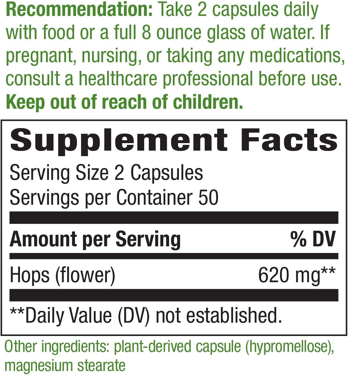 Nature's Way Premium Herbal Hops Flowers, 620 mg per serving, 100 Capsules