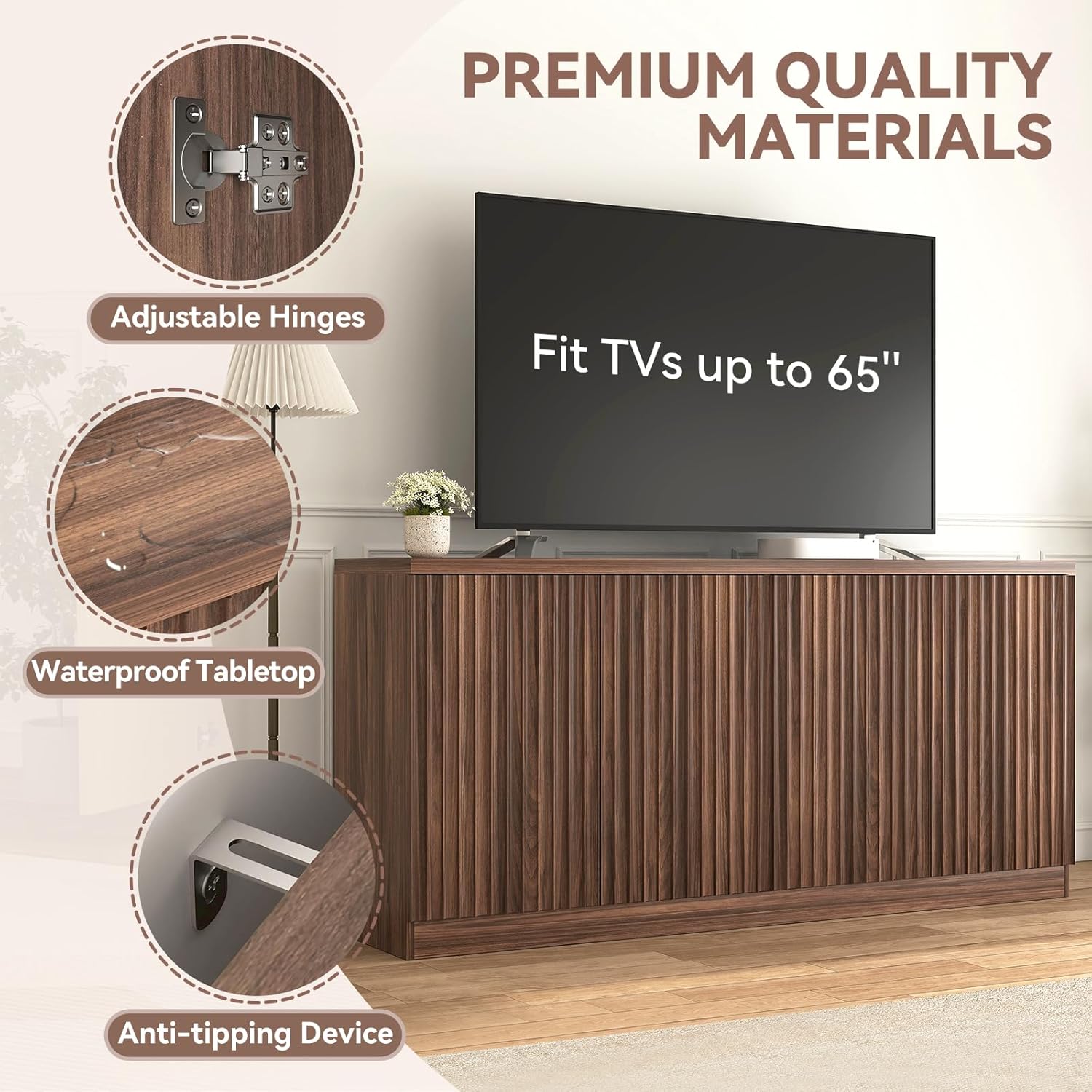 63" Fluted Buffet Cabinet with Storage, 4-Door Floor-Standing Kitchen Sideboard with Adjustable Shelves, Low Profile Long Media Console Table for Living Room Dining Room Entryway, Walnut