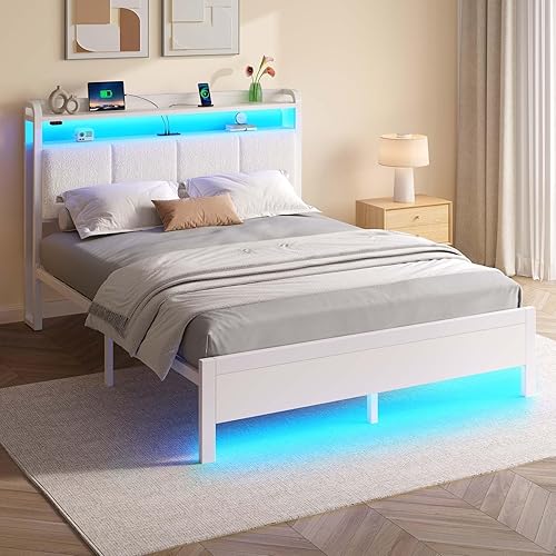 Miniatura 52 de Rolanstar Base de cama tamaño individual con estación de carga y luces LED, cabecera de piel sintética con estantes de almacenamiento, listones de
