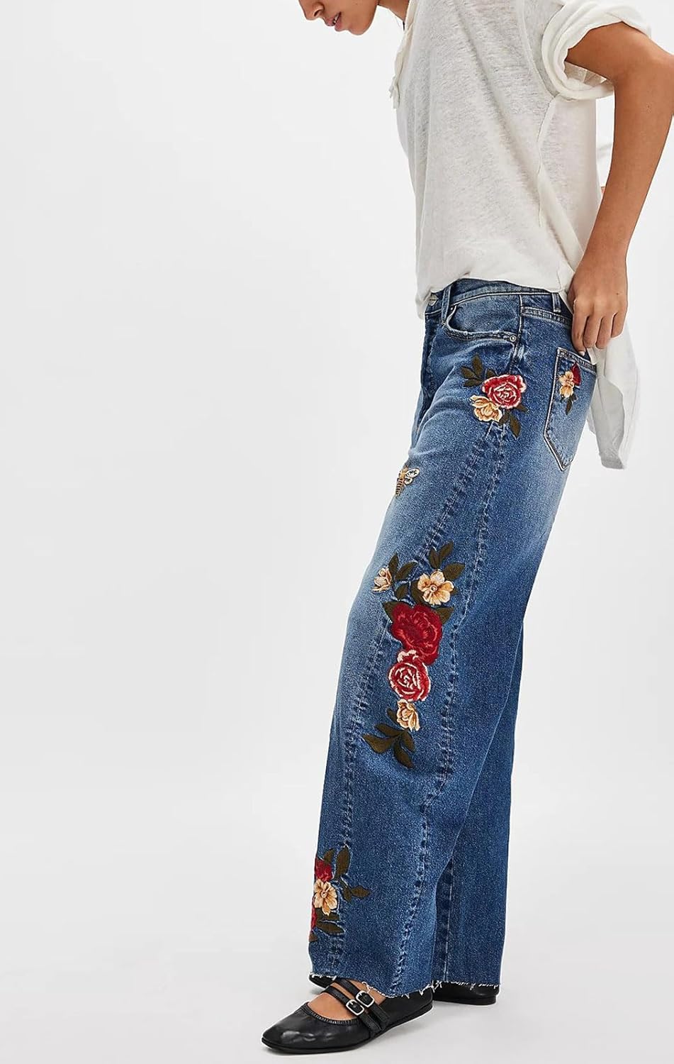 loveimgs Women Y2k Baggy Jeans Wide Leg Embroidered Denim Pants Mid Rise Barrel Jeans Boyfriend Ankle Sweatpants Pockets