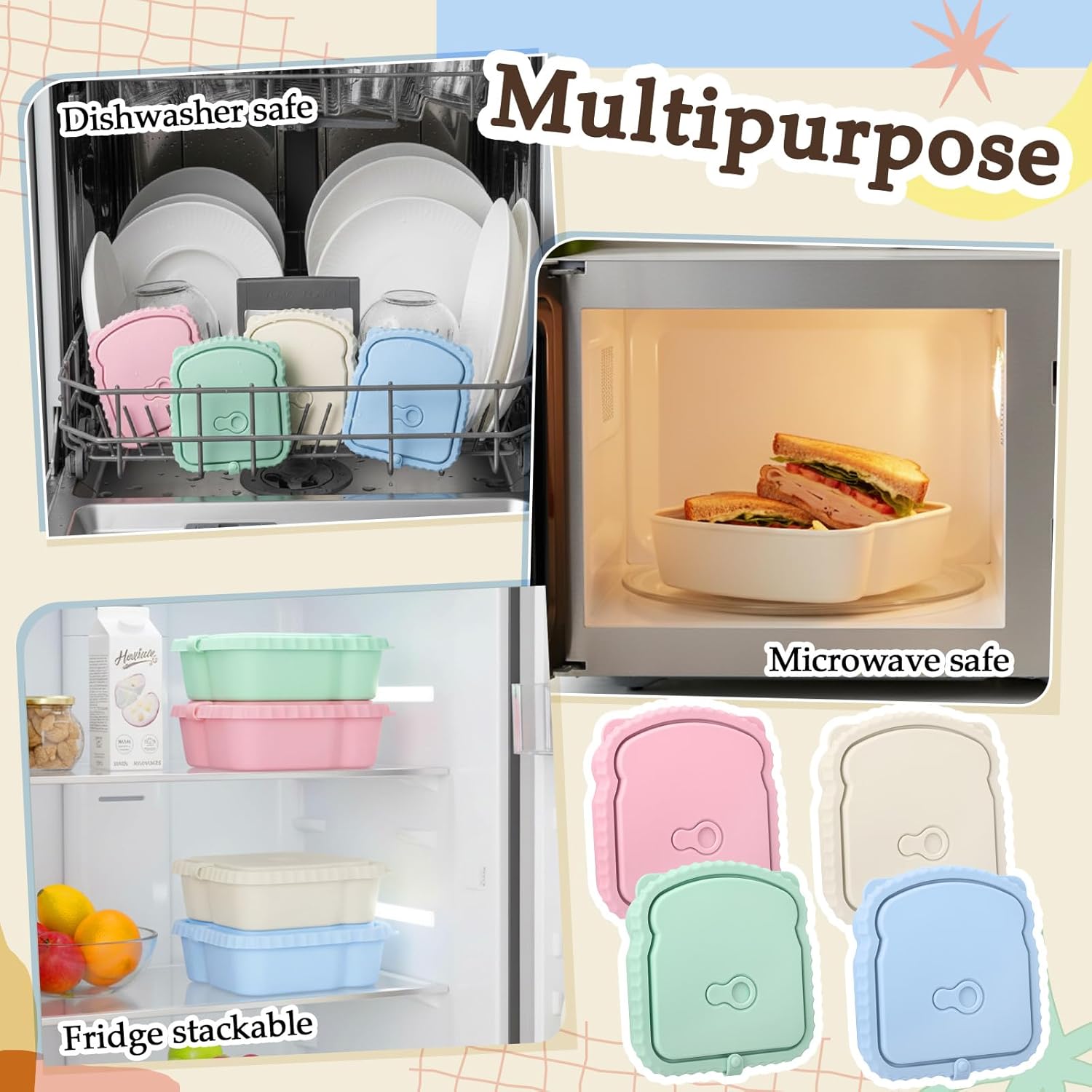 4 Pcs 20 oz Silicone Sandwich Containers Reusable Leakproof Sandwich Lunch Boxes Holder Toast Shape Food Storage with Lid for Office Camping Microwave Dishwasher Safe (Stylish Color)