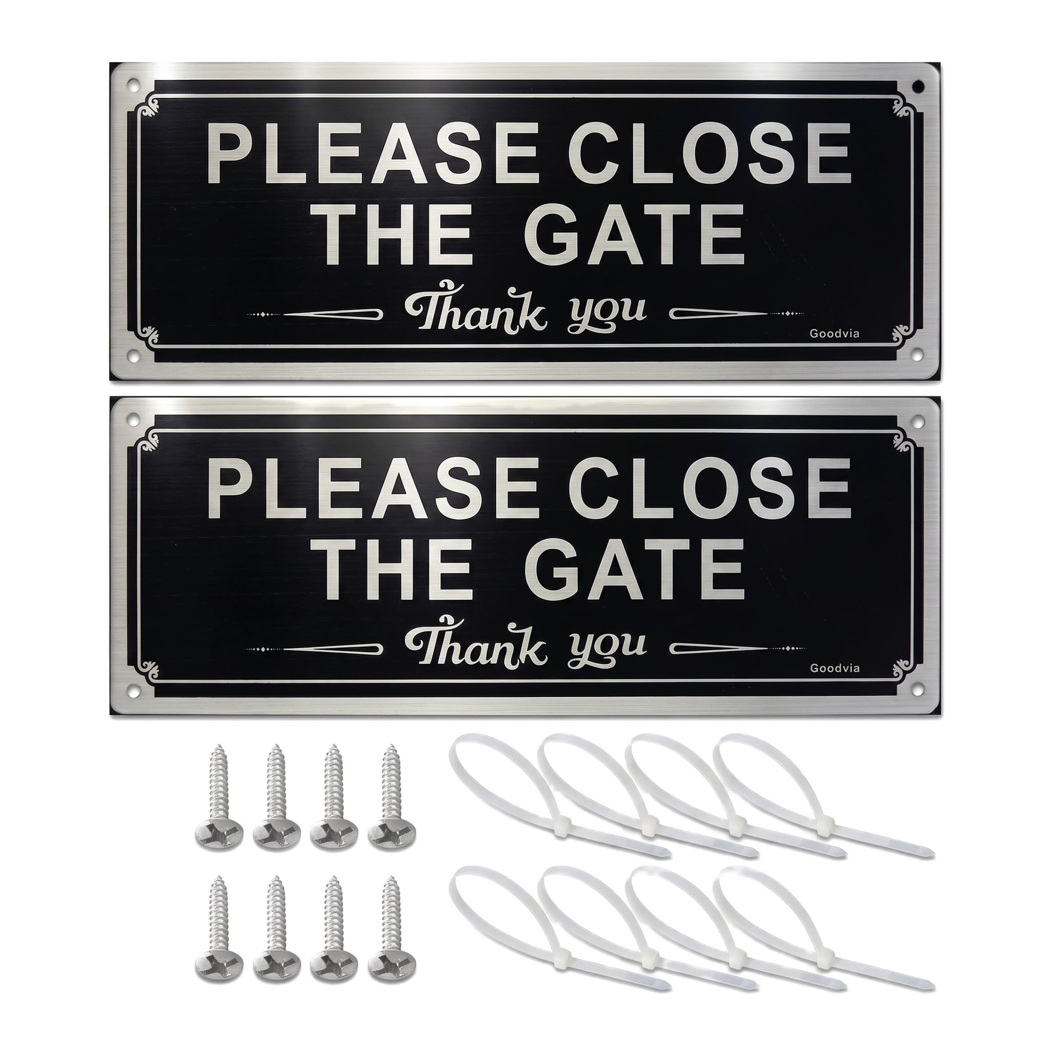 Please Close the Gate Sign, 2 Pack Stainless Steel Personalised Metal Black Keep Closed Plaque with Zip Ties & Screws for Garden, Fence, Farm, Yard - Rustproof Outdoor Warning Sign