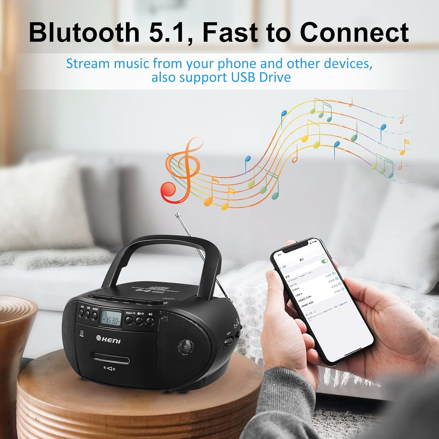 G Keni Portable CD and Cassette Player Boombox Combo, Casette Tape Recorder with Remote, AM FM Radio, USB Playback with Earphone Jack, 5.1V Bluetooth Speaker, Battery Operated or AC Powered for Home