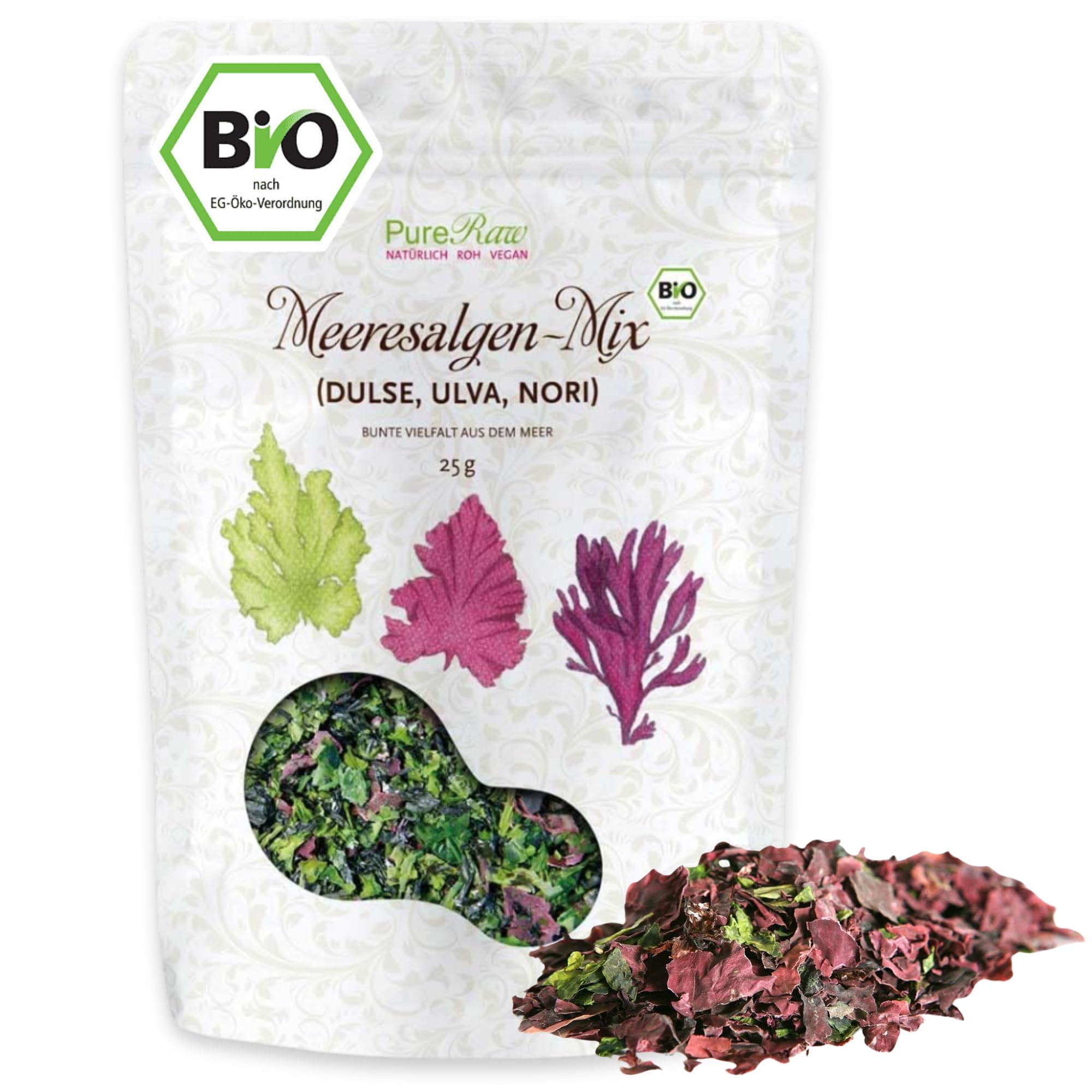 Meeresalgen-Mix Bio Algen-Flocken Getrocknet Atlantik - Dulse Ulva Meersalat Nori (Roh Vegan) Seetang Mischung Umami-Würze für Salat, Dashi, Salzersatz - Organic Raw Dried Seaweed Flakes I PureRaw 25g