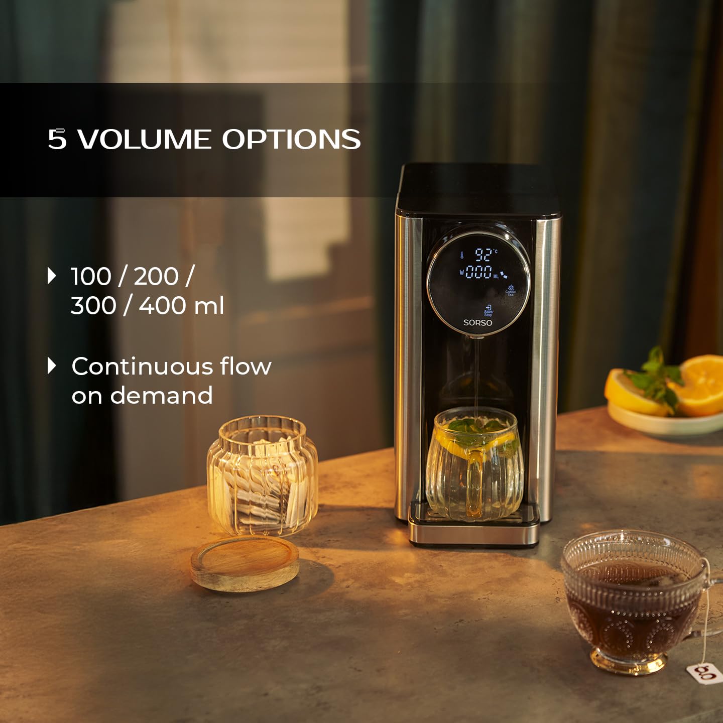 SORSO Flow - Dispenser di acqua calda con regolazione della temperatura, bollitore per tè, purificazione dell'acqua per alimenti per bambini, 2,7 l, 2600 W, 40-100 °C, argento