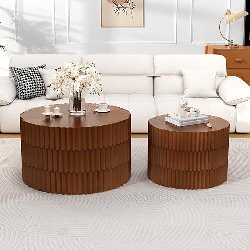 Miniatura 8 de Juego de 2 mesas auxiliares redondas estriadas con diseño en relieve, mesa auxiliar moderna de mediados de siglo, mesa auxiliar circular minimalista