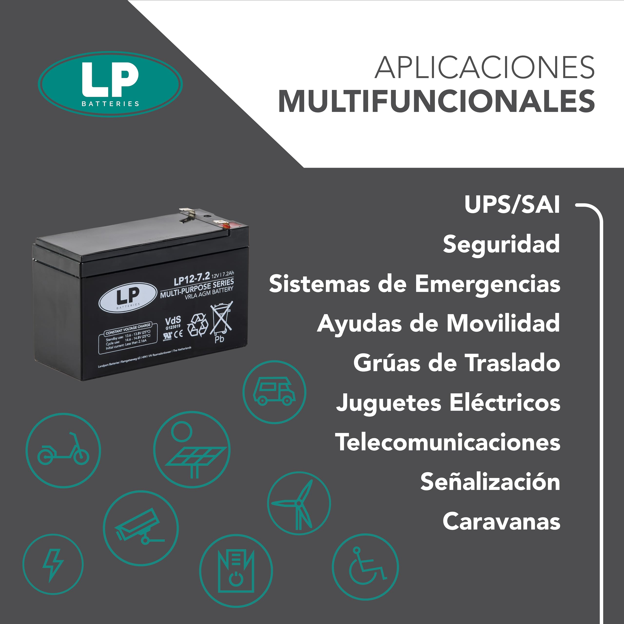 Landport - Batería AGM 12V 7,2Ah LP12-7,2 VDS - Batería de Plomo-Ácido Libre de Mantenimiento, Alta Fiabilidad, Terminal T2/F2 - Batería Sistemas de Seguridad, UPS, Energía de Respaldo