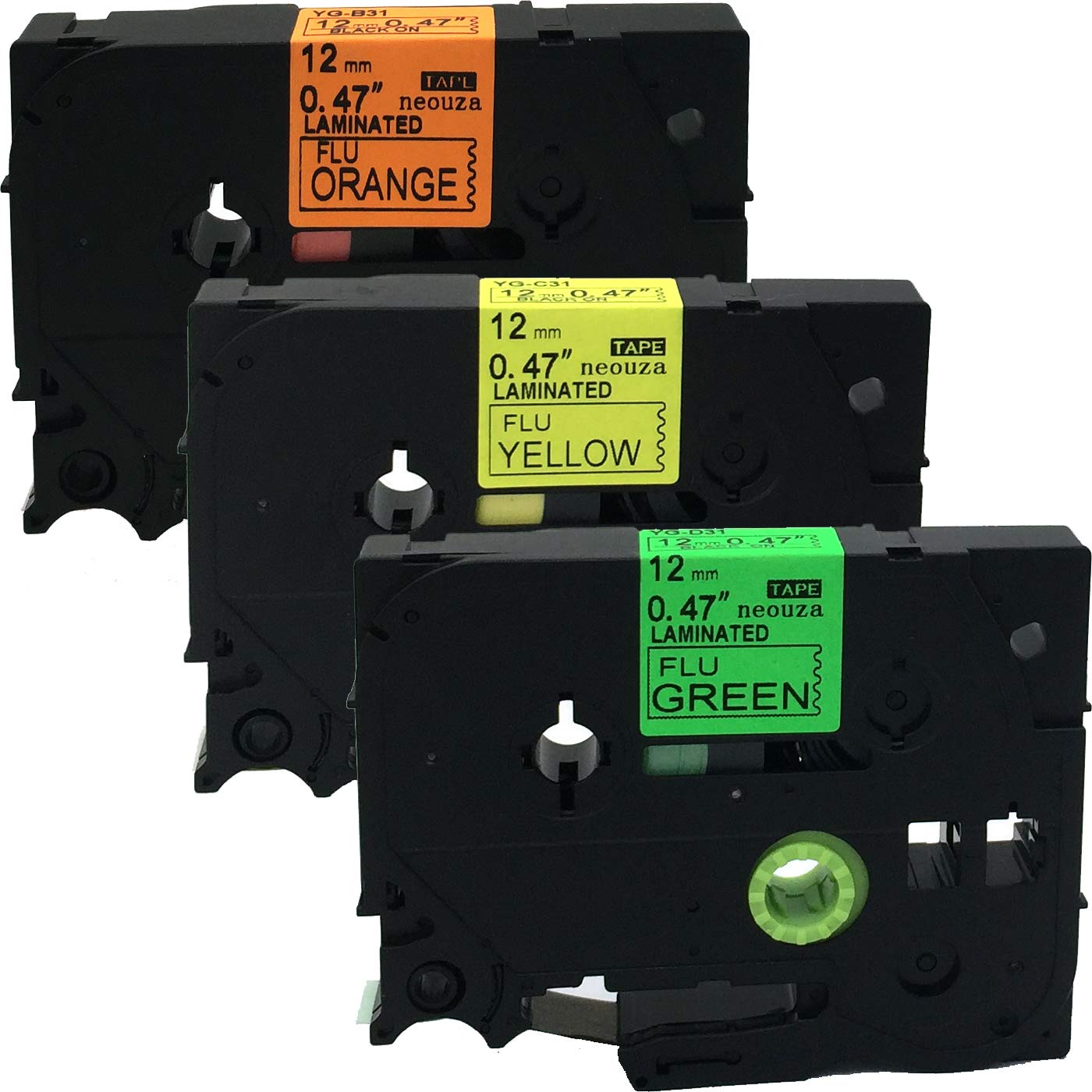 NEOUZA 3PK Compatible for Brother Laminated TZe TZ Label Tape Cartridge 12mm x 8m (Set of Black on 3 Fluo Colors)