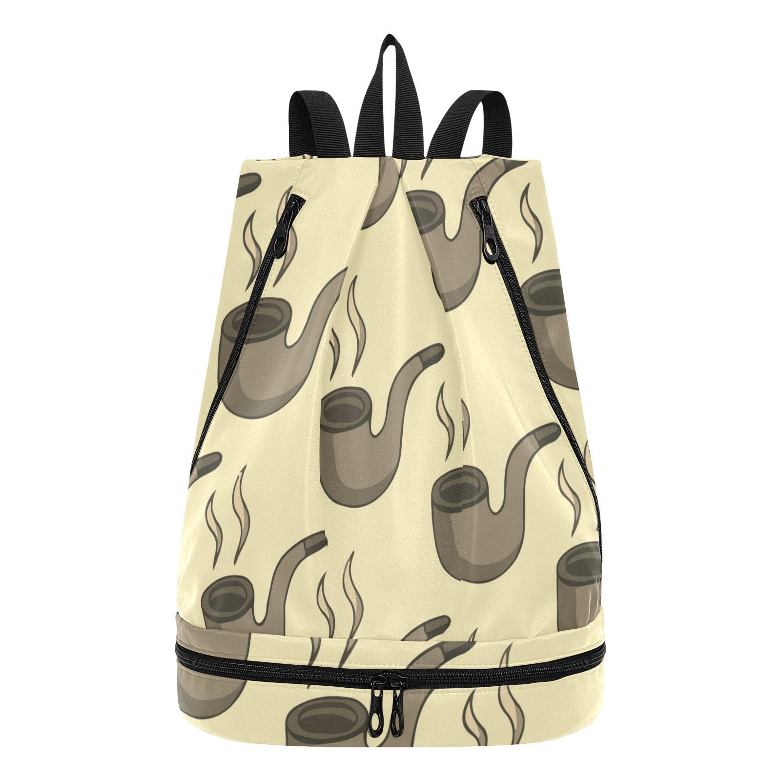 Poeticcity Gym Swimming Drawstring Bags Daypacks Backpack Purse Casual Knapsack Shoulder Bag Sitting Rucksack Seamless Vintage Retro Brown Smoke Pipes with Smoke on Beige