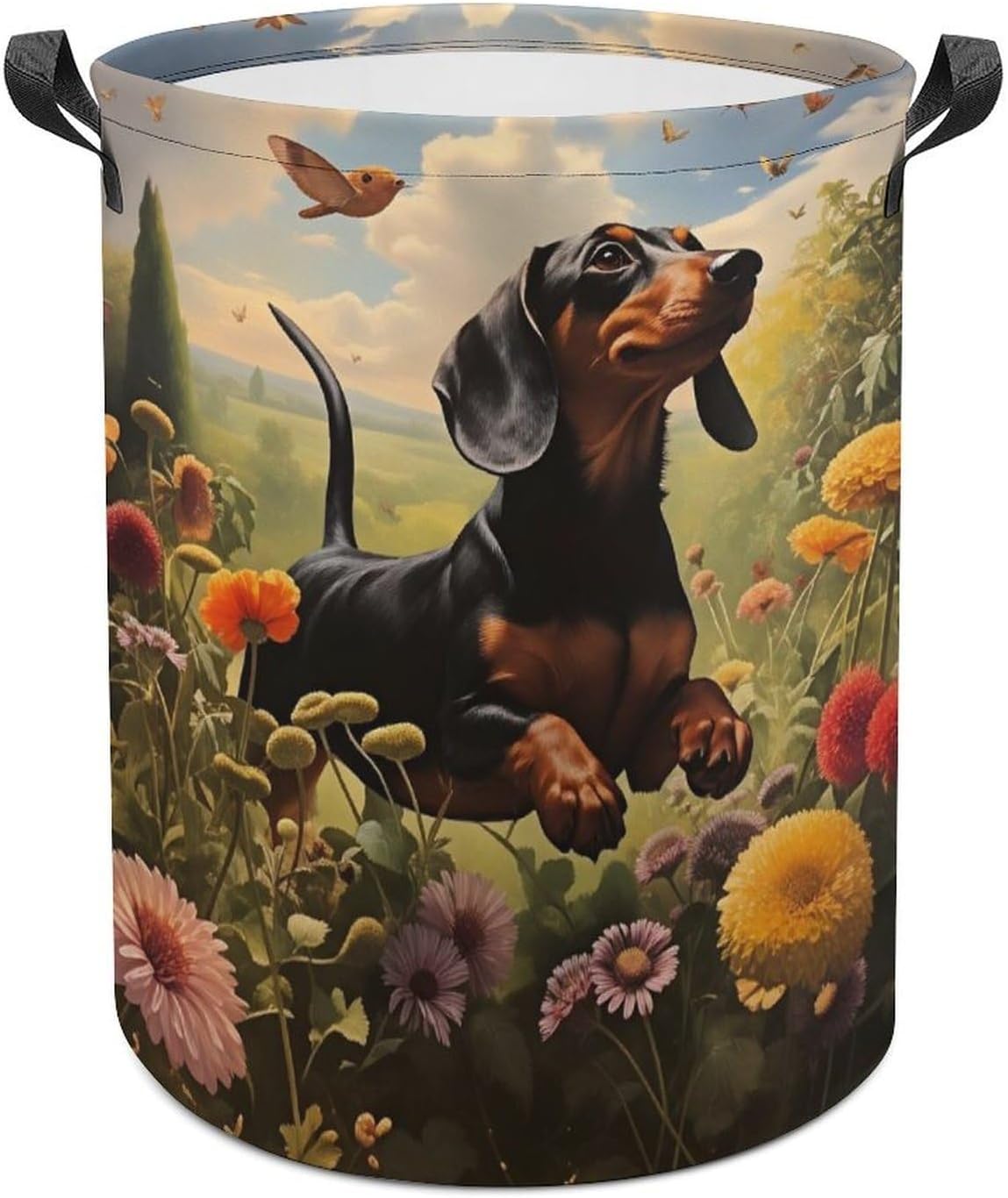 Dachshund Dog Laundry Basket, Large Collapsible Round Hamper with Hand Strap, Waterproof Clothes Bin for Bedroom, Bathroom, Dorm & Laundry Room 44x44cm