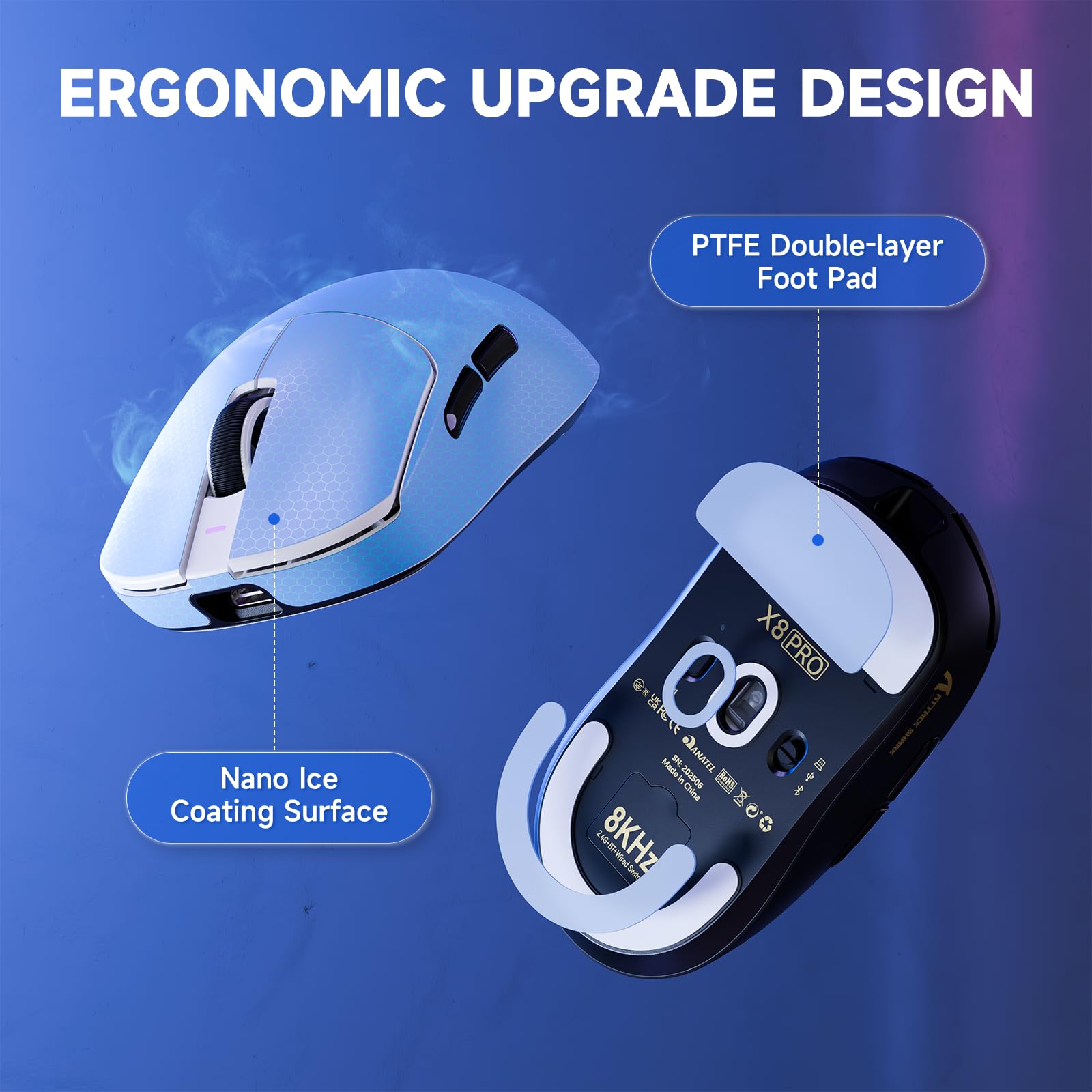 ATTACK SHARK X8PRO Mouse da gioco wireless ultraleggero 55g con cavo a spirale per mani medie/grandi, frequenza di polling 8K, 2.4G/cablato/BT, 500mAH, 40000DPI, sensore ottico PAW3395 - Bianco