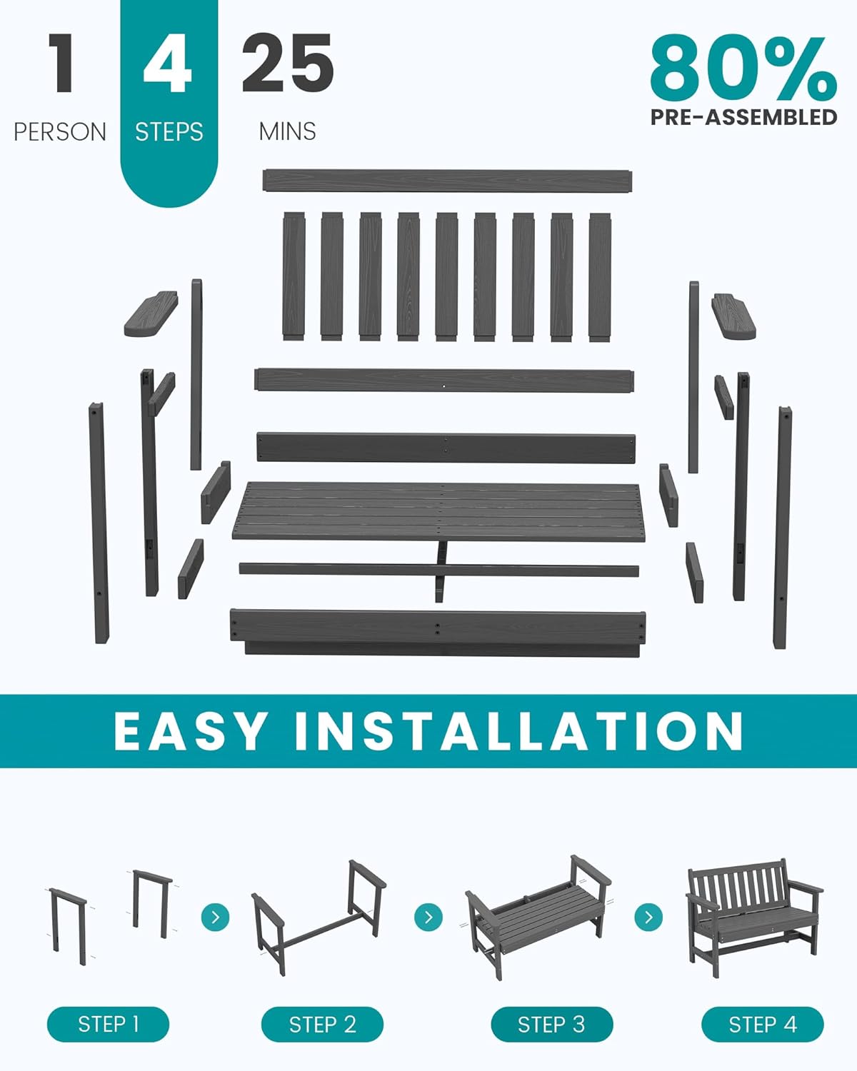 SERWALL Outdoor Bench, HDPE Outdoor Benches Weatherproof, 2-Person Garden Bench with 660 lbs Weight Capacity, Patio Benches for Outdoors, Garden, Porch, Backyard and Park, Grey, 2 Pack