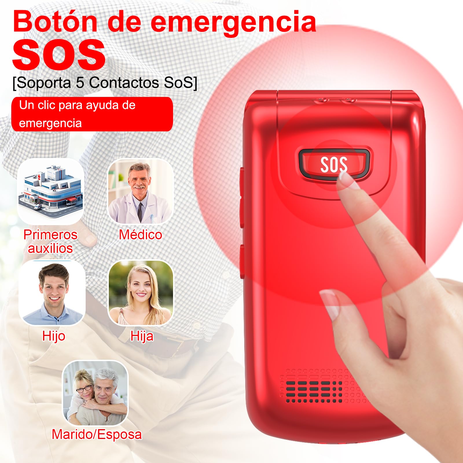 CHAKEYAKE 4G Telefono Movil para Mayores Libre con Teclas Grandes, Doble SIM Doble Pantalla LCD, Teléfono Móvil Personas Mayores con Botón SOS, Cable USB C | Batería 1000mah | Base Cargadora | Rojo