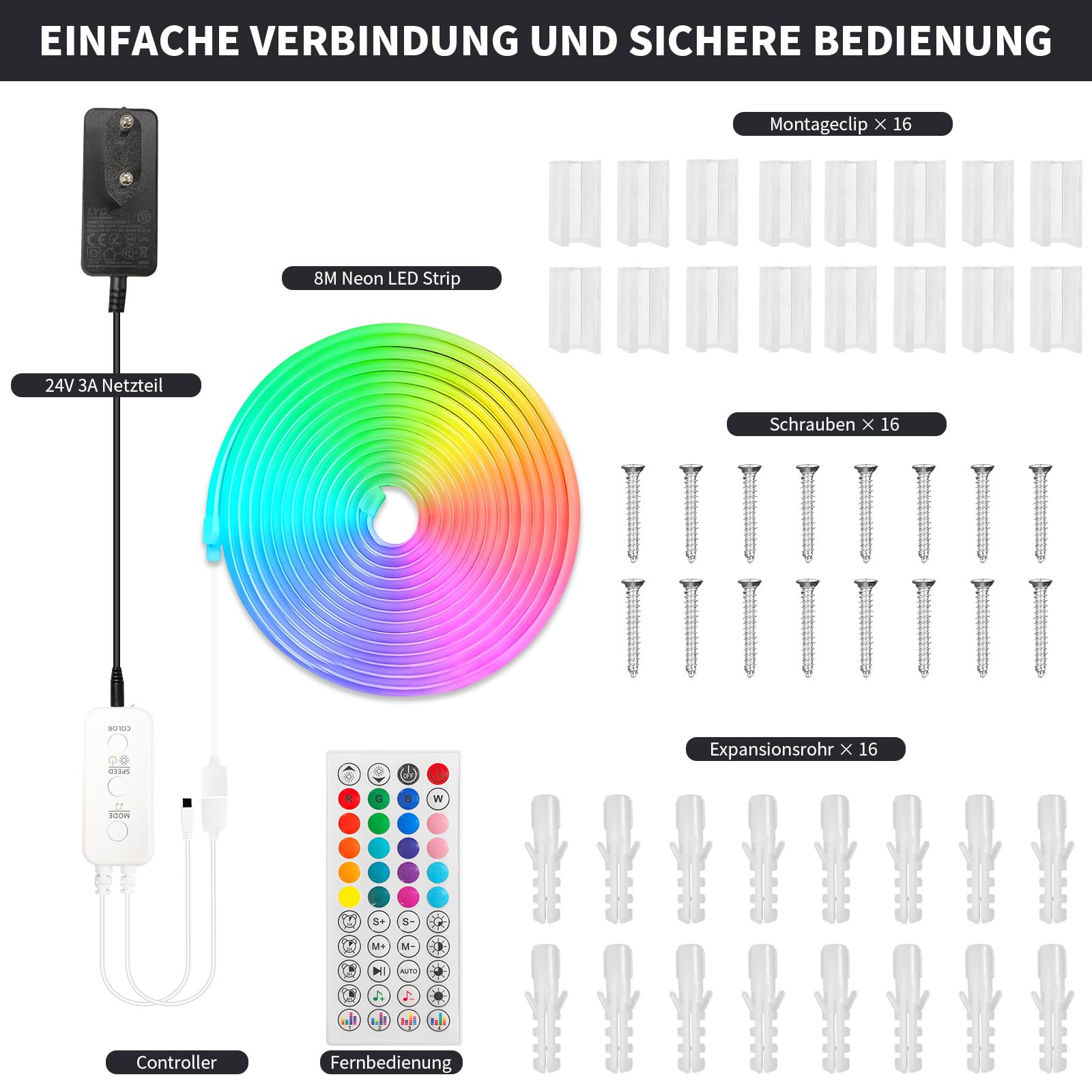 Neon LED Streifen 8M RGB+IC IP65 App-Steuerung 24V LED-Röhre | Flexible Silikon-Neonröhre mit Dreamcolor,Timer,Musik Sync und Fernbedienung für DIY Deko im Innen-und Außenbereich