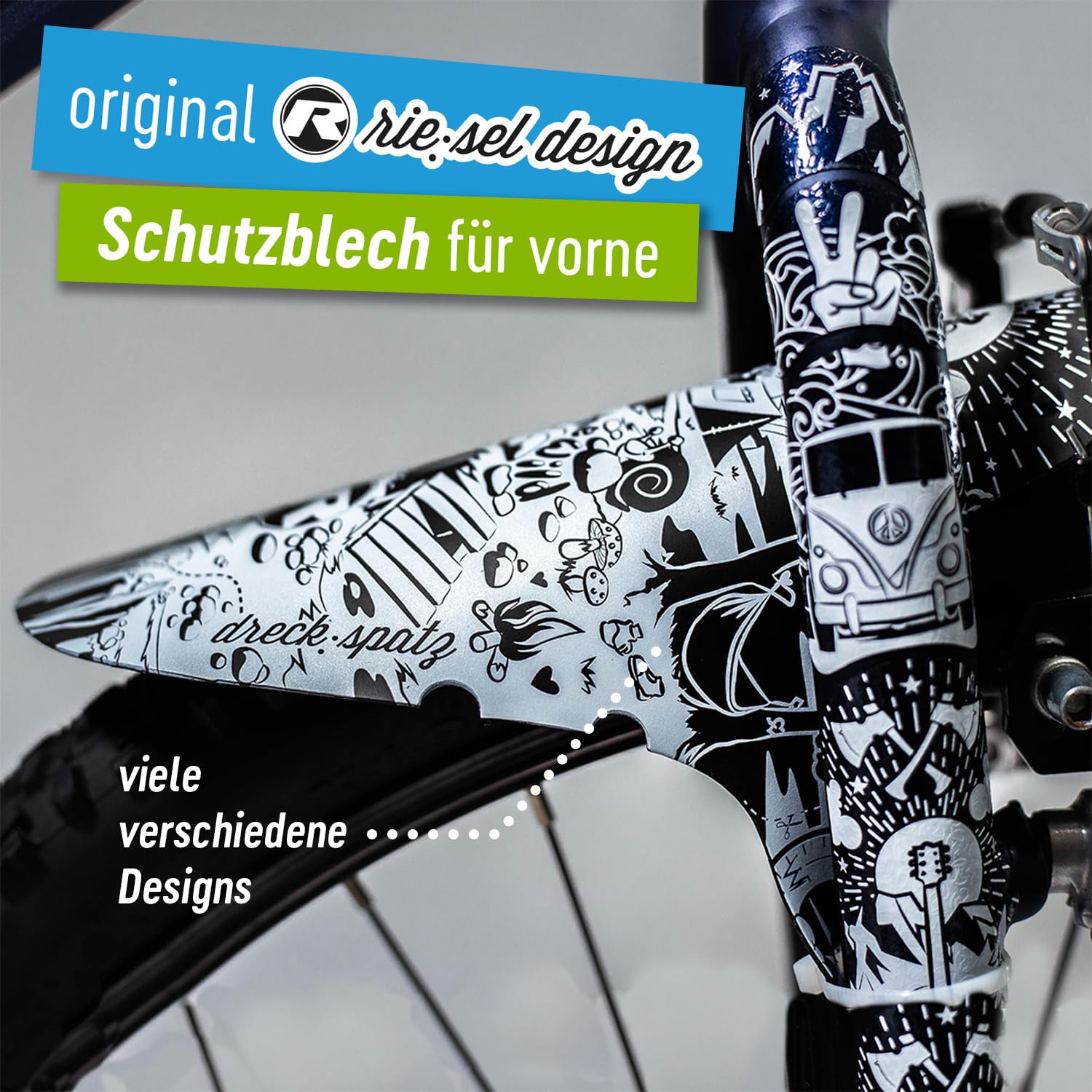 Riesel Design® - Set bestehend aus Schutzblechen für vorn und hinten für Kinderfahrrad und Rahmenschutz Folie - ab 20-26 Zoll (Youngstar Adventure Set)