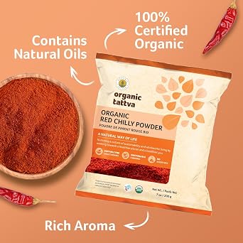 Organic Tattva Red Chili Powder, 7 oz, Pure Hot Chili Spice, USDA Certified | Cold Ground, With Natural Oils, Aroma & Color, Additives & Chemical Free, Ideal For Grilling, Seasoning & Everyday Cooking