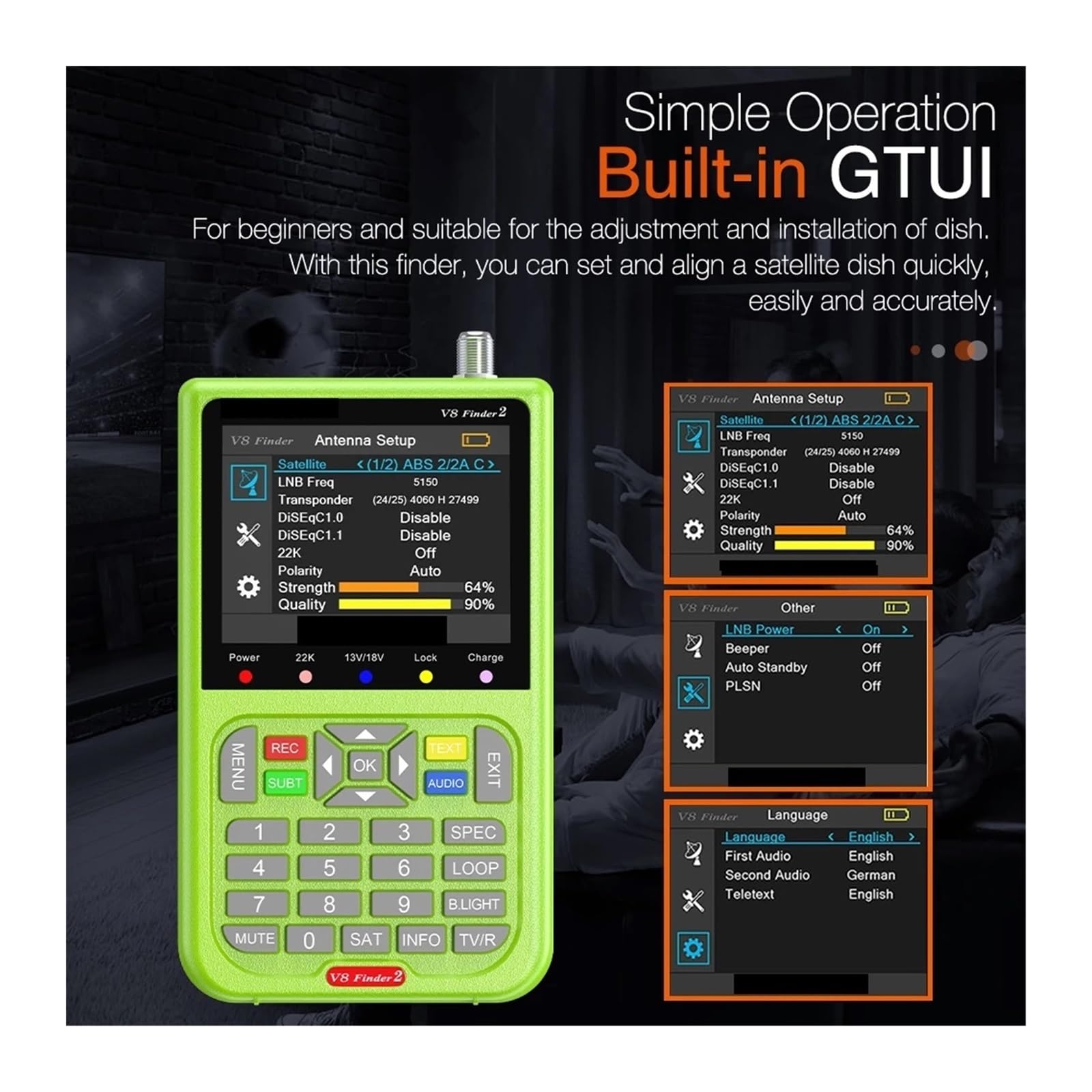 Cercatore satellitare, V8 Finder 2 Rilevatore di segnali satellitari DVB-S/S2/S2X Digitale 1080P HD H.264 Supporto CCM, VCM, ACM, ricevitore TV via satellite(Only v8 finder 2)