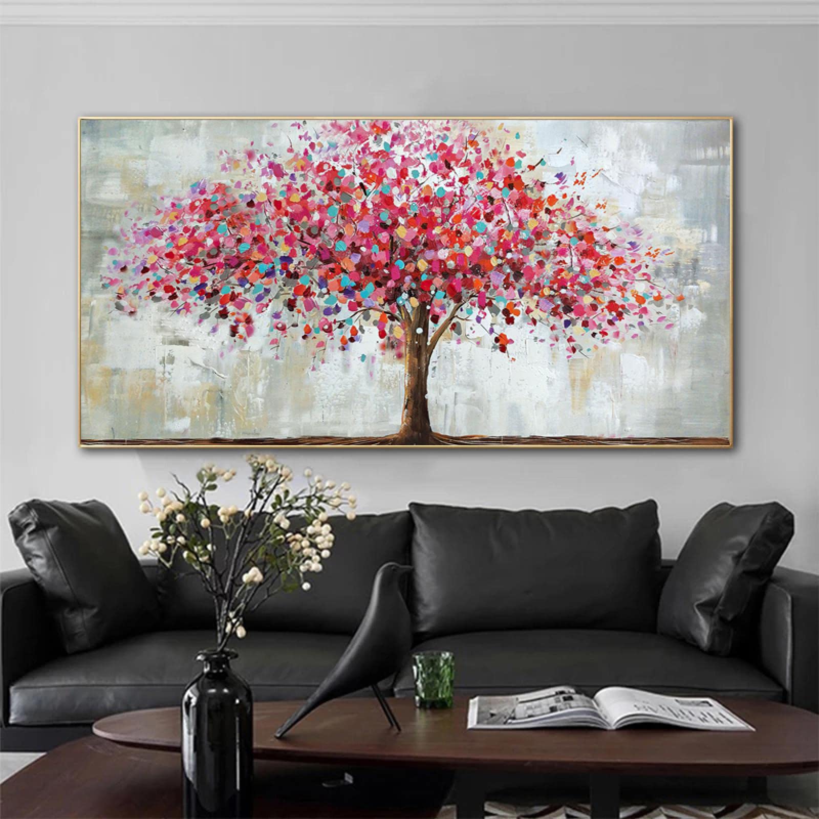 Red Rich Tree Pintura al óleo Impreso en lienzo Impresiones Decoración para el hogar Cartel abstracto Imágenes de arte de pared modernas para sala de estar 80x160cm (32x63in) con marco