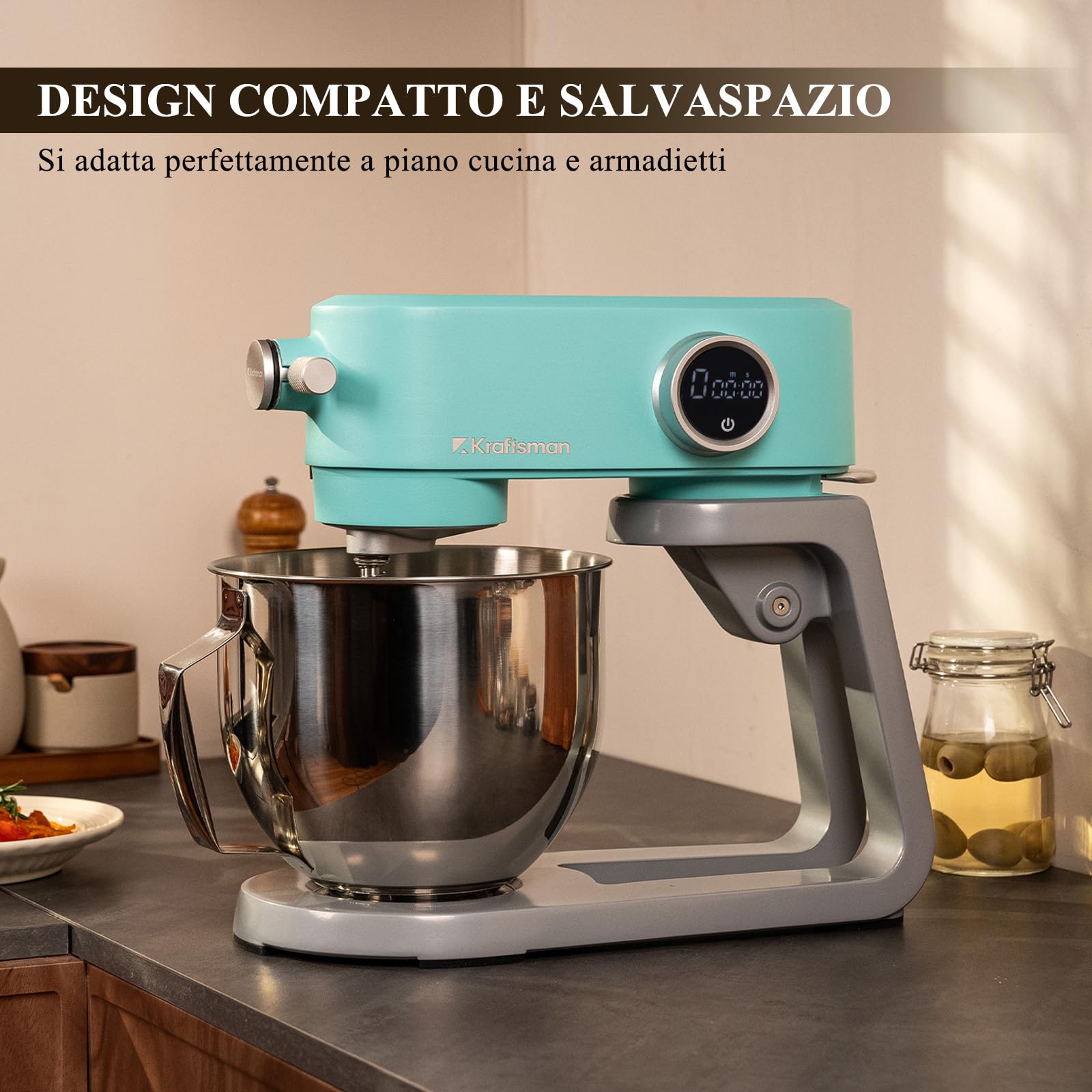 Impastatrice Planetaria Kraftsman in Metallo, 5L Robot da Cucina Multifunzione, 800W, 8 Velocità con Timer, Impastatrice Professionale con 4 Fruste in Acciaio Inox, Ideale per Impasti Duri (Blu)