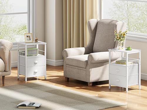 Miniatura 16 de Furologee Juego de 2 mesitas de noche, mesita de noche con 2 cajones de tela, mesitas de noche con estante abierto, parte superior de madera, Roble