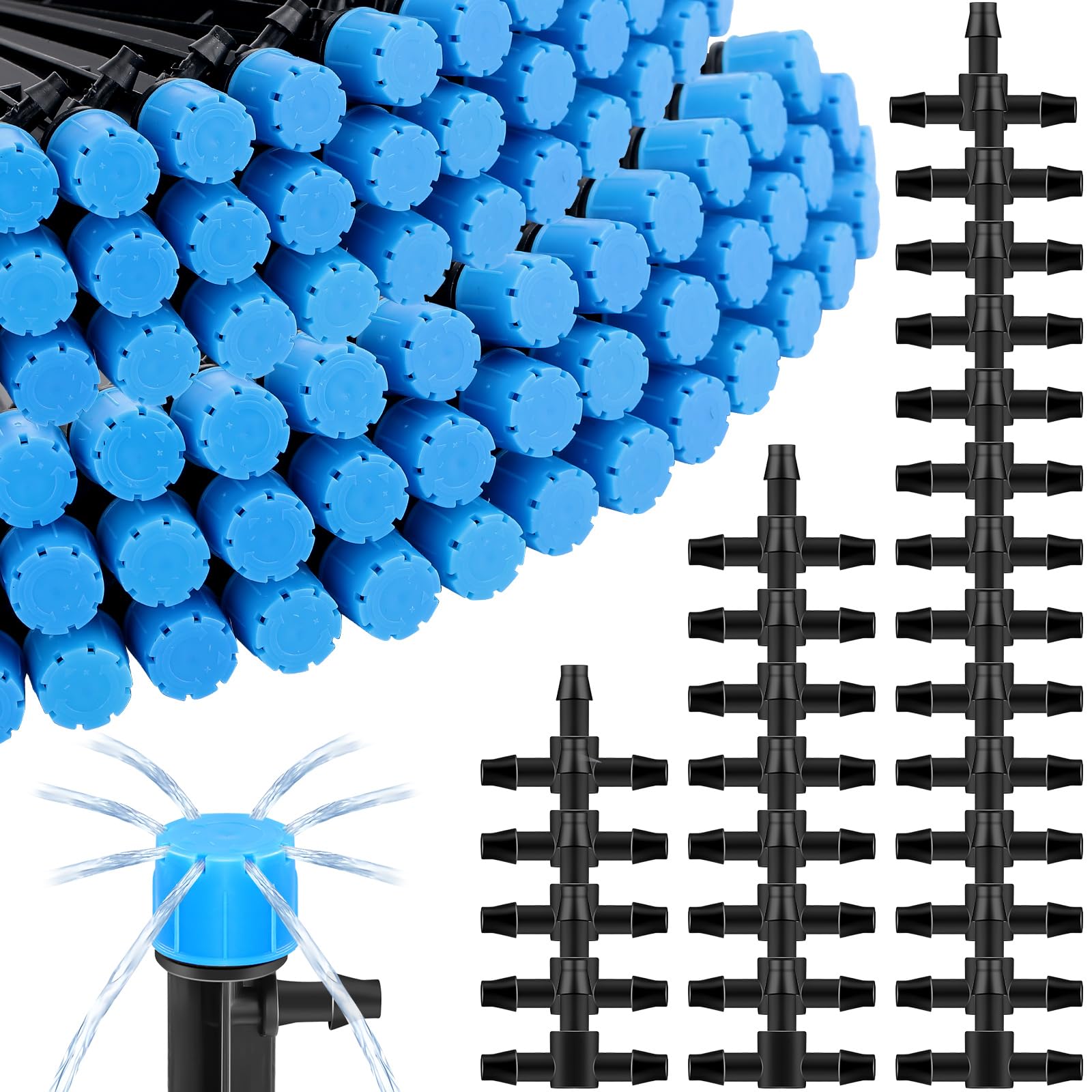 Rossesay Kit de riego por goteo de 200 piezas para tubos de 1/4 pulgadas, incluye 100 emisores de riego por goteo ajustables en forma de ventilador y 100 accesorios en T de púas conectores de púas