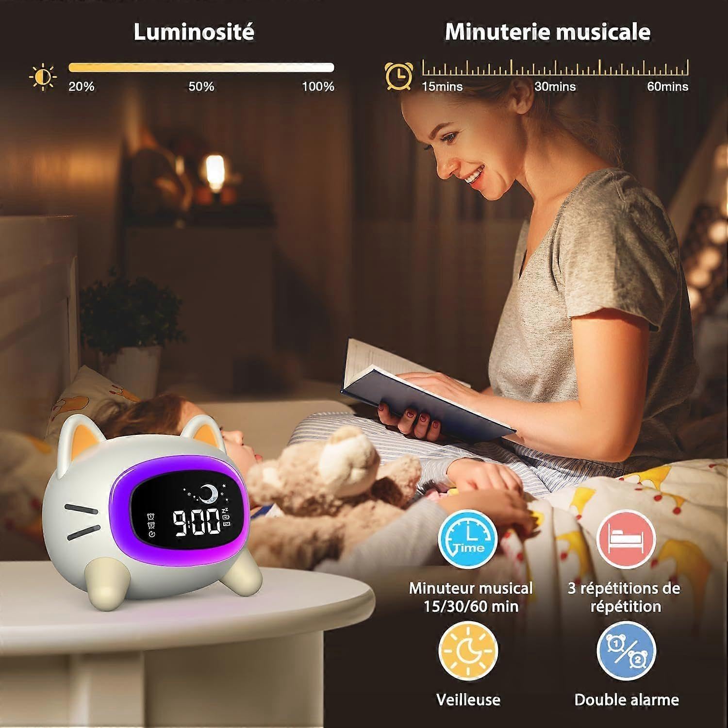 Kinderwecker, pädagogischer Tag-/Nachtwecker mit 5-farbigem LED-Licht, Geschenk für Jungen und Mädchen, 7 Musikarten, zwei Alarme, wiederaufladbar über USB