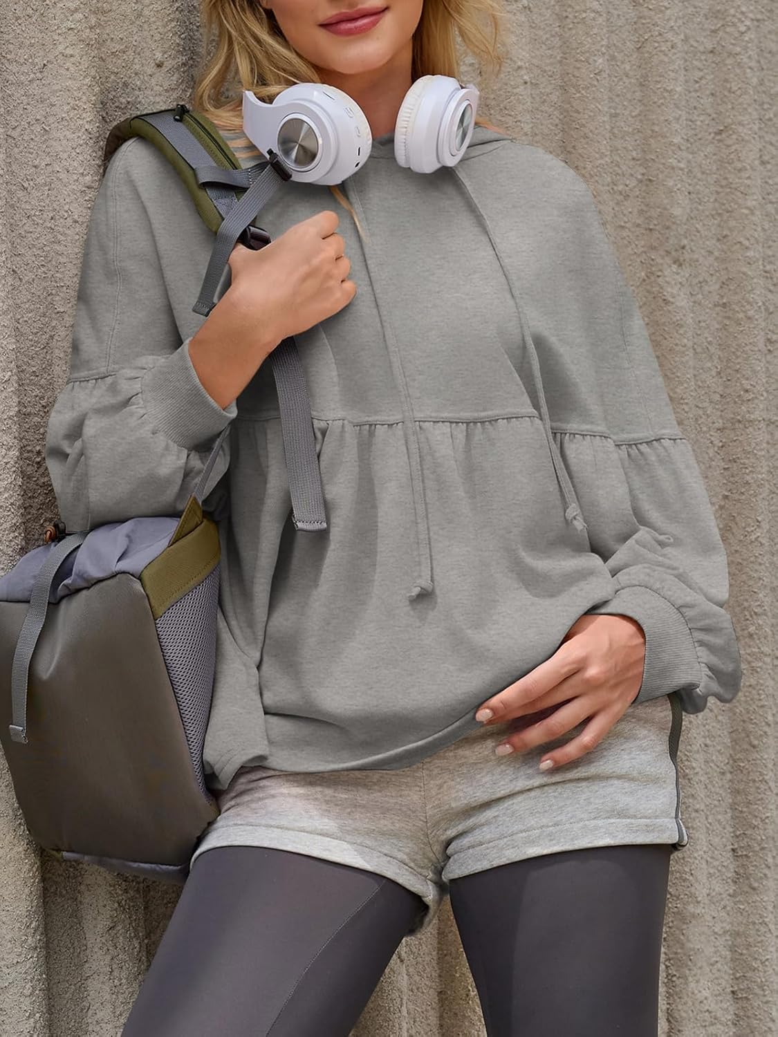 Fisoew Womens Oversized Hoodies Sweatshirts Casual Lantern Long Sleeve Drawstring Peplum Hem Loose Hooded Pullover Tops - Image 5