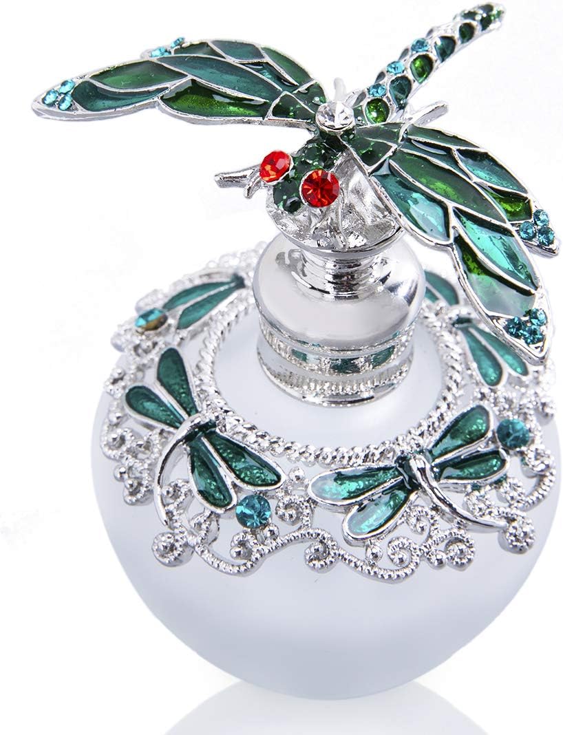YU FENG 40ml Fancy Empty Crystal Perfume Bottle with Green Dragonfly Stopper Rhinestones Bejewelled Refillable Glass Bottle Containers