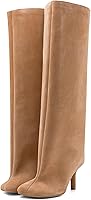 VOZTOLLS Women's Wide Calf Knee High Suede Boots - Square Toe Stiletto Heel Pull-On Tall Booties