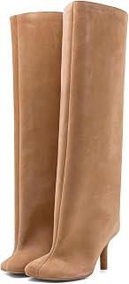 VOZTOLLS Women's Wide Calf Knee High Suede Boots - Square Toe Stiletto Heel Pull-On Tall Booties