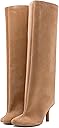 VOZTOLLS Women's Knee High Suede Boots for Women Wide Calf Square Toe Stiletto Heels Tall Boots Pull On High Heel Long Booties