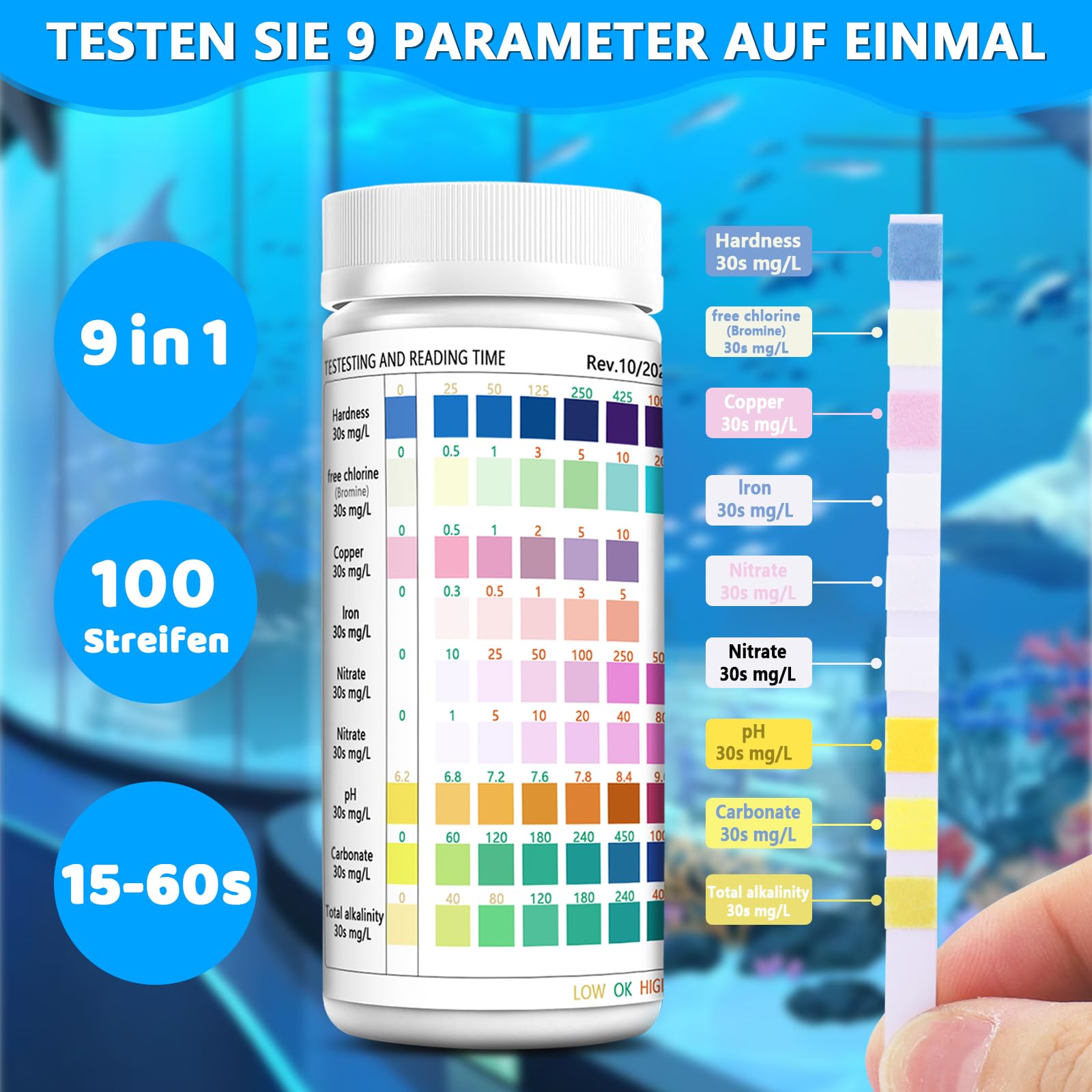 9 In 1 Aquarium Teststreifen 100 Stück - Wassertest Für Eisen, Nitrat, PH, Usw.
