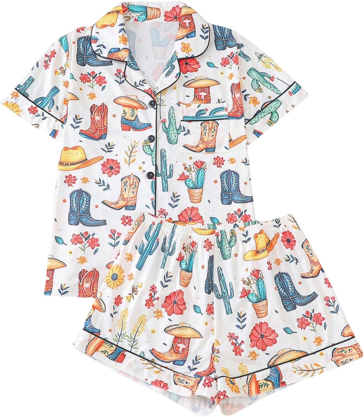 WDIRARA Women's Plus Size 2 Piece Cartoon Print Pajama Set Cute Floral Button Down Shorts Pj Sets Sleepwear