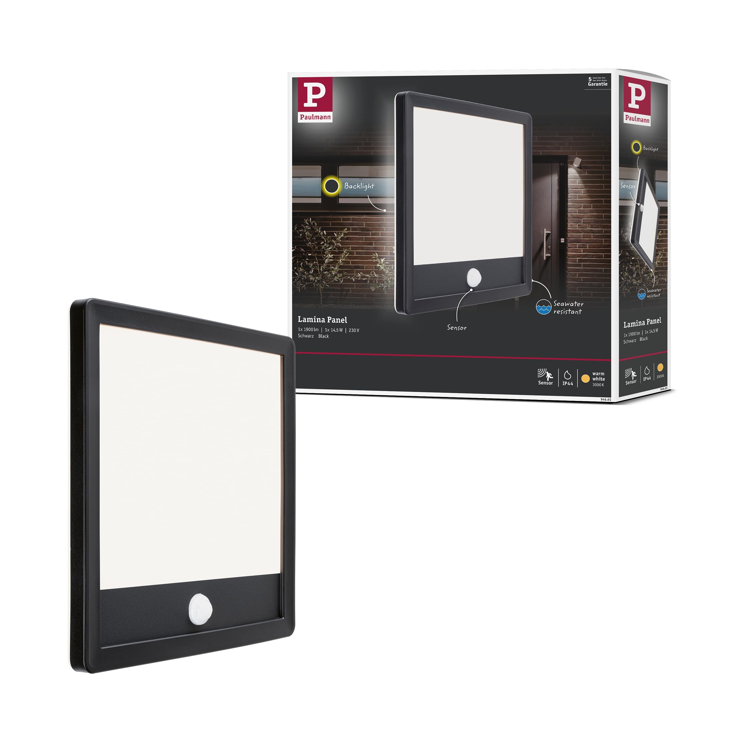 Paulmann 94665 LED Outdoor Light Panel Lamina with Motion Detector IP44 Square incl. 1x14.5 W Warm White Black Outdoor Panel Plastic Light Panel 3000 K
